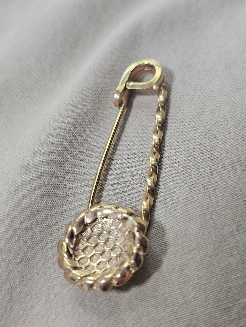 Gold Safety Pin Brooch with Textured Medallion - Picture 2 of 6